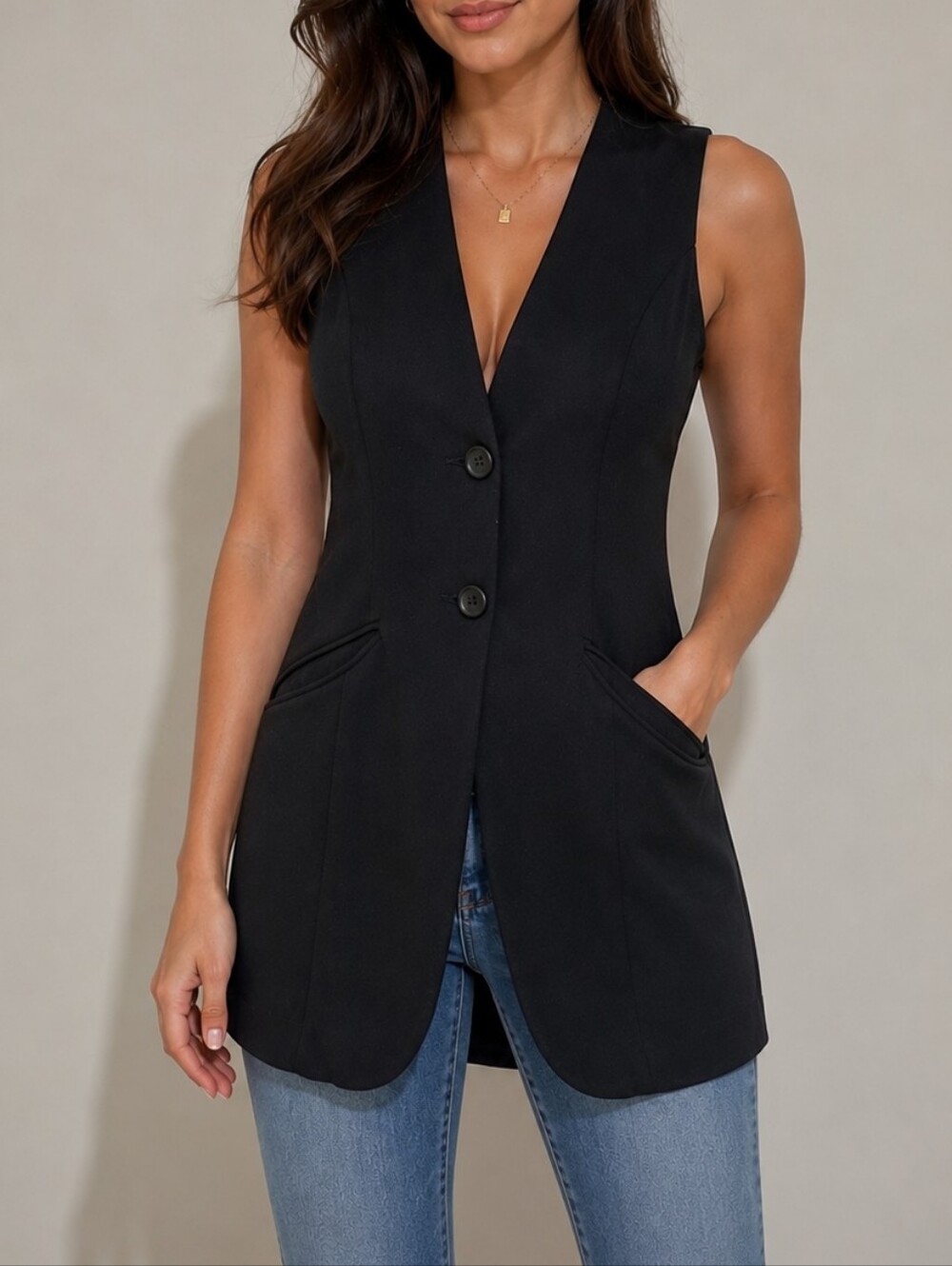 Sleeveless Black Tailored Vest Top
